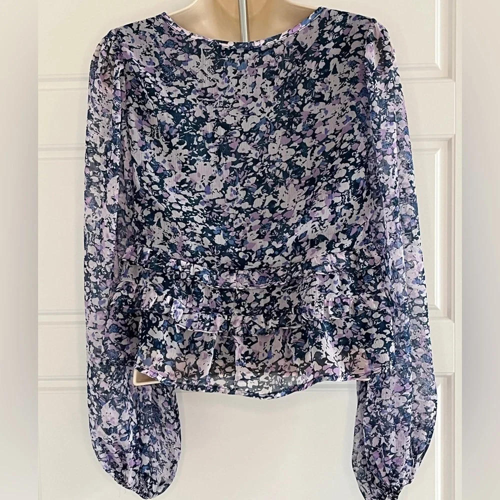Abercrombie & Fitch Women's XS Purple Floral Sheer Sleeve Ruffle Blouse Romantic
